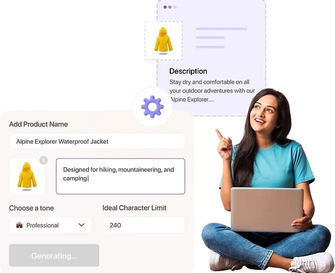 Woman using a laptop with an AI product description generator interface