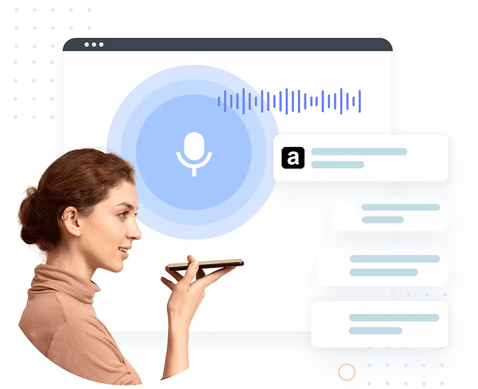 Woman using voice search on a phone with an AI interface visual