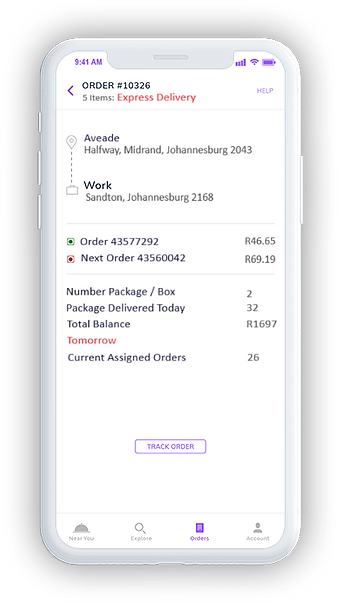 Aveade delivery app interface on a mobile phone
